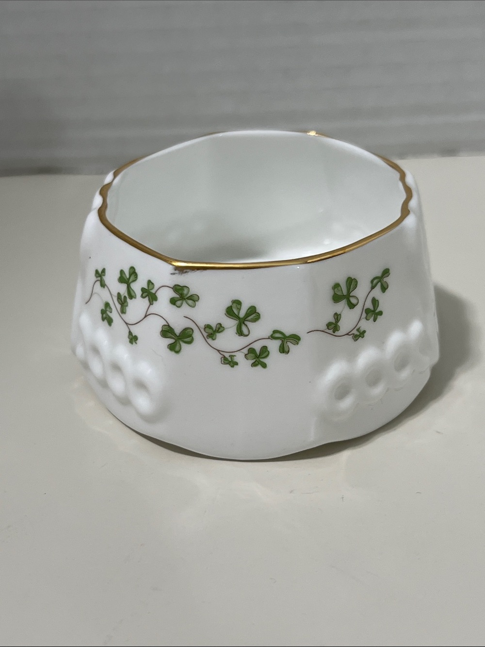 White Bone China Clover Tea Light Holder with Gold Trim